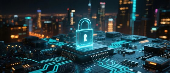 Digital lock symbolizing cybersecurity on a circuit board with a cityscape background at night