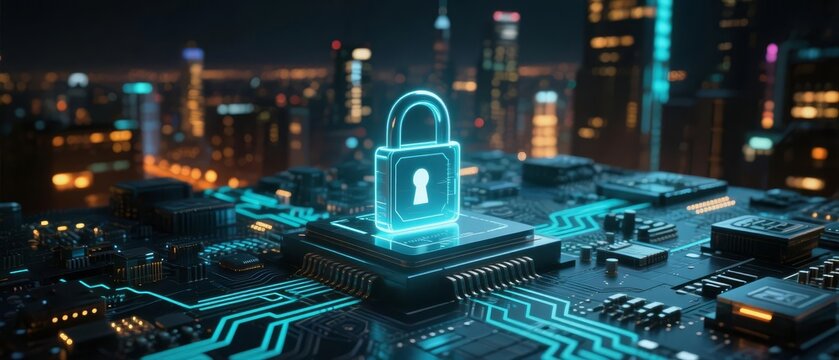 Digital lock symbolizing cybersecurity on a circuit board with a cityscape background at night