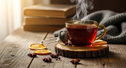 A steaming cup of tea, surrounded by dried orange slices and star anise, sits on a rustic wooden table, bathed in warm sunlight.