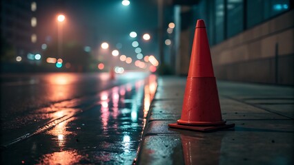 Lone traffic cone in the raindrenched city street, symbolic of urban solitude. Suitable for blog posts, social media visuals.