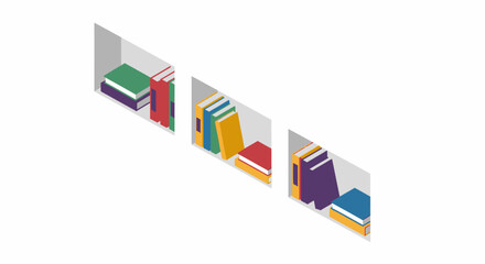 Isometric illustration of colorful books on shelves.