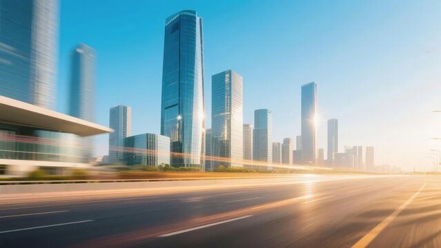 Modern city skyline with tall glass skyscrapers and a blurred highway in motion under a clear blue sky - Powered by Adobe