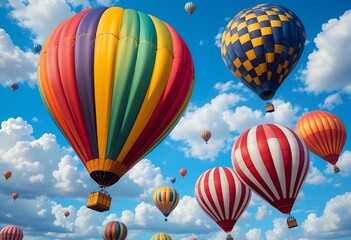 Obraz premium Vibrant colorful hot air balloons floating peacefully in a bright blue sky filled with fluffy clouds