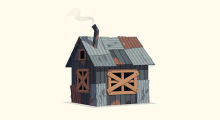 An old dilapidated shack with a patched corrugated metal roof boardedup windows and a smoking chimney.