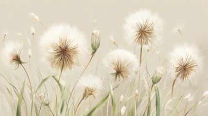 Soft focus close up of fluffy dandelion seed heads in a field