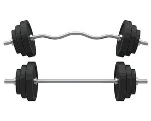 Straight barbell and EZ curl bar with weight plates, fitness gym equipment.