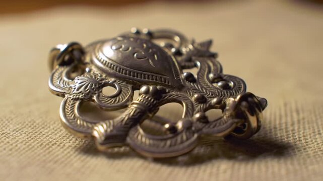 Close-up of an ornate, antique silver brooch with intricate scrollwork and decorative detailing on a textured fabric surface.
