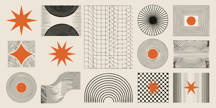 Abstract geometric composition with starbursts circles squares and lines on beige background