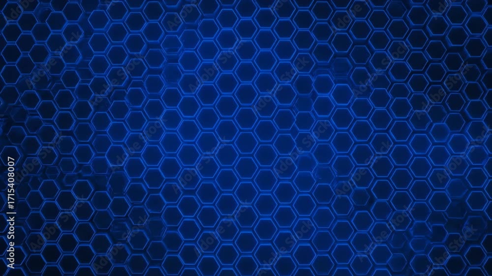 Wall mural continuously expanding and contracting hexagonal grid of deep blue light on a dark abstract backgrou