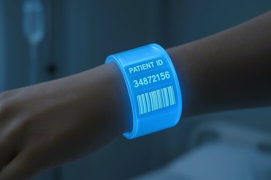 A futuristic glowing patient ID wristband with barcode and unique identification number, symbolizing digital healthcare, security, and modern hospital technology.