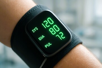 A digital blood pressure monitor worn on the arm shows systolic 120, diastolic 80, and pulse 72 in bright green digits, symbolizing modern health tracking.