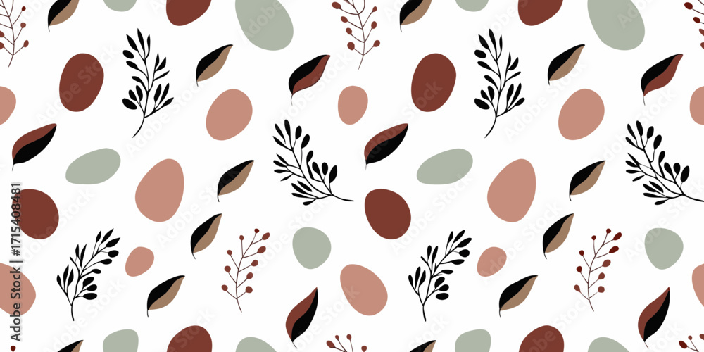 Poster bohemian abstract pattern with organic shapes and botanical elements in earthy tones