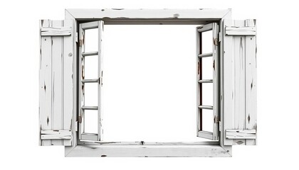 A weathered, white-painted wooden window frame isolated on pure white , exterior, element