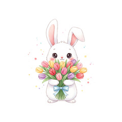 Naklejka premium Cute Easter bunny cartoon character with tulips, a fun holiday decoration for spring