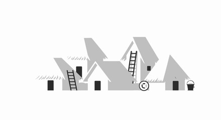Grayscale illustration of a village with thatched roofs and ladders.