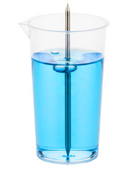 Laboratory beaker with blue chemical and a metal test probe on a transparent background