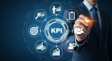 Fototapeta premium KPI Business Dashboard with Key Performance Indicators Icons in Futuristic HUD Style
