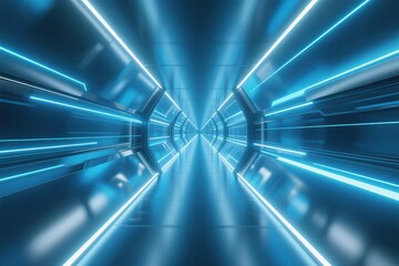 Futuristic blue-lit tunnel with glowing neon lines creating a symmetrical perspective