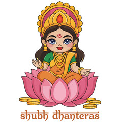 Cute cartoon Goddess Lakshmi on lotus with coins, Shubh Dhanteras greeting.