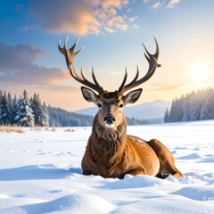 Majestic deer rests on a snowy landscape at sunrise, showcasing stunning antlers and a serene winter scene.