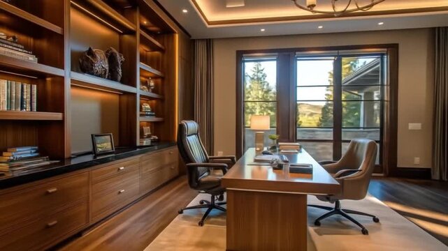 Sophisticated home office with bespoke shelving, premium desk and stylish seating