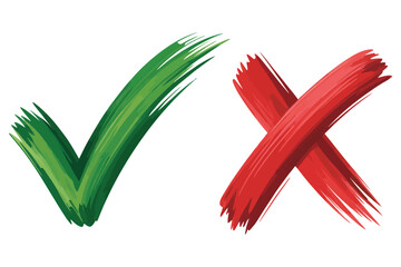 Green brush check mark and red brush cross, hand drawn approval icons.