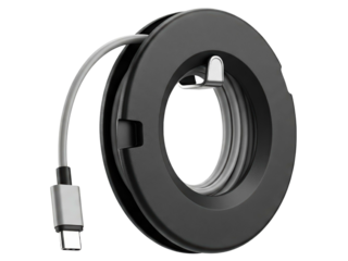 Black round cable management organizer with a modern USB-C cord on a transparent background