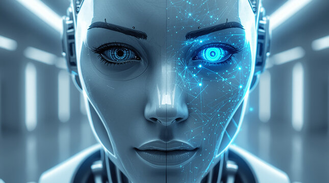 Close-up of a futuristic female robot with glowing blue eye.
