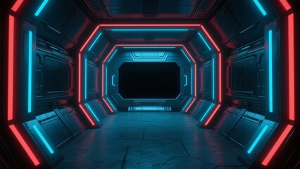 Futuristic neon-lit corridor with red and blue lighting in a sci-fi tunnel