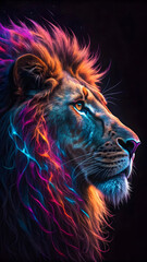 Vibrant neon-colored lion with a glowing mane against a dark background, showcasing a powerful profile.