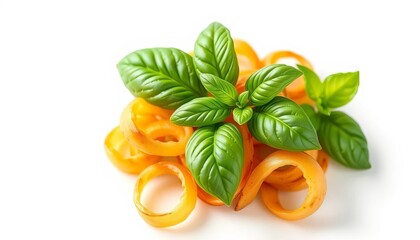 Golden-brown butter curls with fresh basil leaves, isolated on white,   green,   high resolution