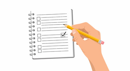 Hand holding a yellow pencil marking a checkbox on a spiral notebook todo list.