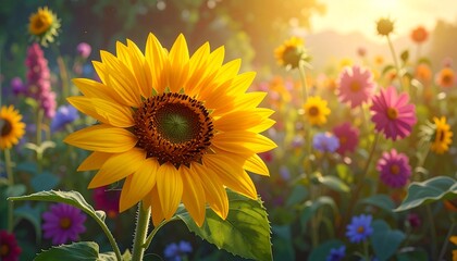 Radiant Sunflower Amidst a Colorful Flower Field