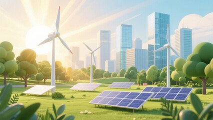 Solar panels and wind turbines in a green urban park with modern city skyline in the background
