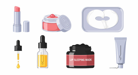 Collection of Skincare and Makeup Products Lipstick Creams Masks and Oils.