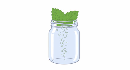 Glass Jar with Fresh Mint Leaves and Bubbles.