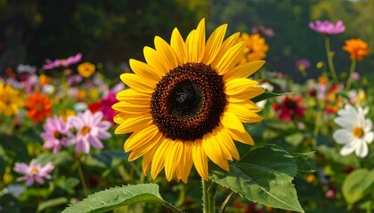 Radiant Sunflower Amidst a Burst of Blossoms