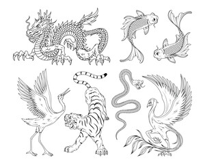 Set of Traditional Chinese Mythical and Symbolic Animals - Line Art Vector Illustration