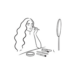 Black and white line art of a beautiful woman doing makeup at dressing table with mirror illustration