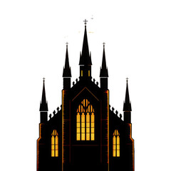 Fototapeta premium Gothic Architecture Silhouette with Illuminated Windows Against a Checkered Backdrop Illustration