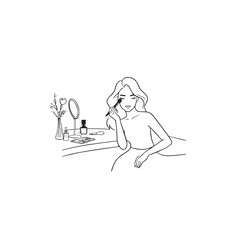 Black and white line art of a beautiful woman doing makeup at dressing table with mirror illustration