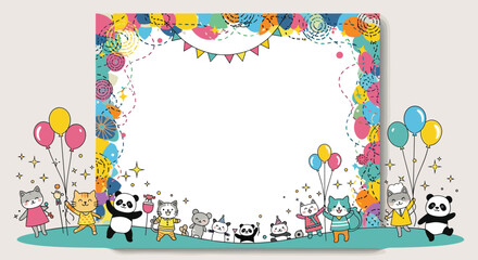 A playful border filled with cute cartoon animals celebrating a festive occasion with balloons and confetti.