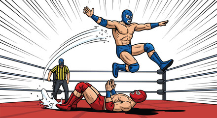Comic style lucha libre illustration with wrestler jumping from the ropes, dynamic motion artwork representing action, fight, and tradition.