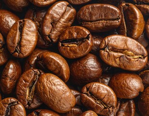 Close-up view of roasted coffee beans, showcasing rich brown tones and detailed textures.