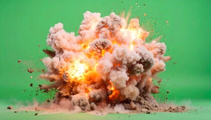 A high-speed, dynamic explosion with fire, smoke, and debris captured against a solid green screen for easy visual effects compositing.