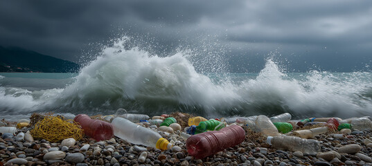 Plastic bottles and debris litter rocky beach as powerful ocean waves crash under stormy sky, highlighting environmental pollution