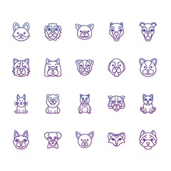 Cute Dog and Cat Faces Line Art Icons Set.