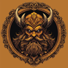 Dark Yellow Beast Head Portrait Mythology Illustration in Round Frame Design	