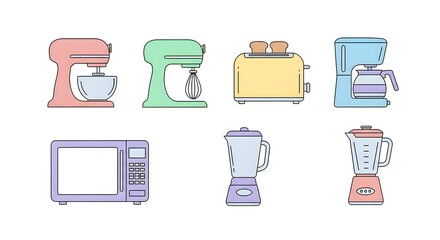 Colorful Kitchen Appliances Illustration: Mixers Toaster Coffee Maker Microwave Blender.