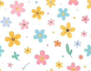 Obraz premium A cheerful repeating pattern of stylized flowers in pastel colors, featuring various shades of pink, yellow, blue, and orange, all set against a pure white background.